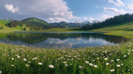 A serene lake with vibrant flowers in the foreground, nestled between lush green hills and majestic mountains, offers a peaceful natural escape.の素材