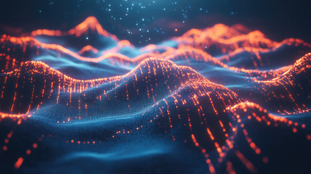 An abstract representation of colorful waves of light in a dynamic digital environment, showcasing vibrant patterns and textures that evoke movement and energy.の素材