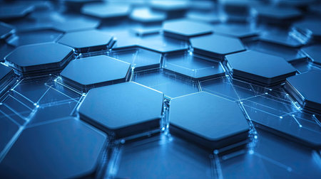 A stunning abstract background featuring a network of hexagonal shapes in blue tones, perfect for technology and futuristic concepts. Ideal for digital design projects.の素材