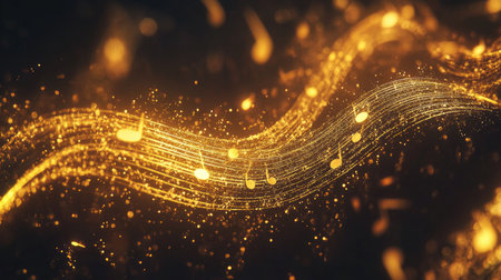 Abstract golden musical notes flow gracefully through a shimmering backdrop, creating a captivating atmosphere of rhythm and creativity, perfect for music-related projects.の素材