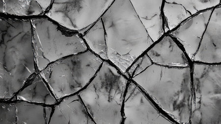 This high-contrast image features a cracked surface with dark lines and a reflective texture, perfect for backgrounds or artistic projects.の素材
