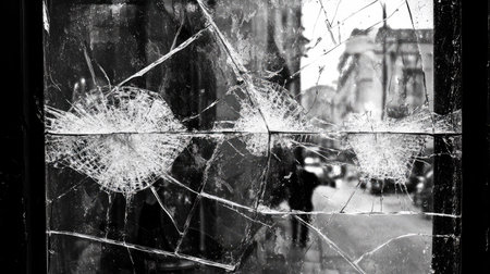 A striking black and white image of broken glass showcasing intricate cracks and reflections, perfect for conveying themes of damage, urban decay, and fragility.の素材