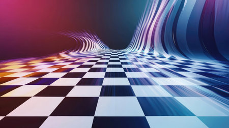 This abstract image features a checkerboard pattern combined with dynamic waves, creating a surreal and colorful visual experience perfect for various creative projects.の素材