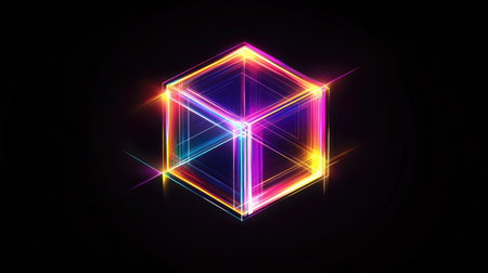 A vibrant neon cube glows against a dark background, showcasing a captivating blend of colors and energetic flares, perfect for modern design projects.の素材