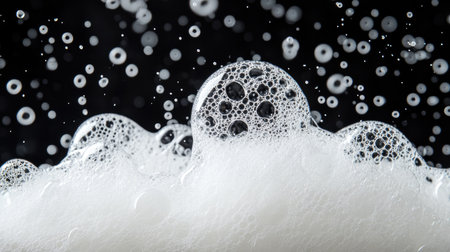 Close-up image of bubbles and foam on a dark background, showcasing intricate textures and shapes, perfect for themes of freshness and cleanliness.の素材