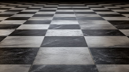 A close-up view of a black and white checkerboard floor pattern. The glossy tiles reflect light beautifully, creating a modern and elegant atmosphere for any space.の素材