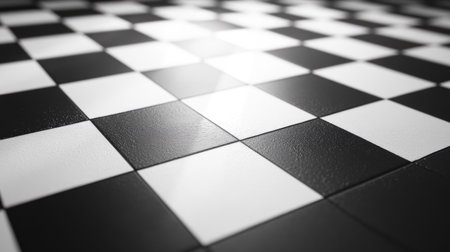 A close-up view of a black and white checkerboard pattern, showcasing the smooth texture and contrast of tiles. Ideal for backgrounds or designs.の素材