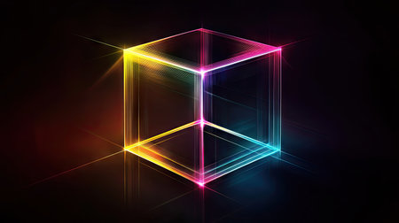 This vibrant 3D cube features colorful light trails and a glossy reflection, perfect for abstract backgrounds or digital art projects, enhancing modern aesthetics.の素材