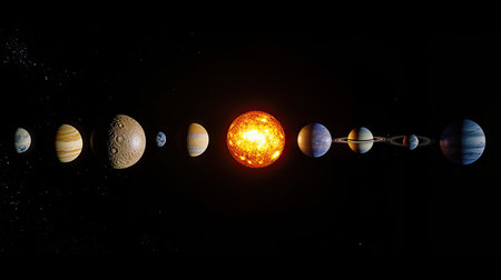 A stunning cosmic landscape showcasing the solar system's planets and the sun, highlighting the beauty and complexity of space in an artistic representation.の素材