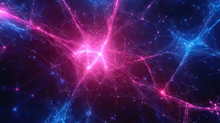Explore a vibrant abstract network visualization showcasing colorful connections and energy, evoking a sense of modern technology and digital exploration.の素材