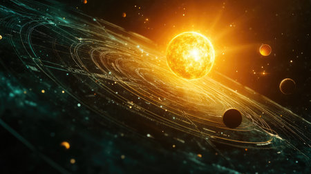 Experience a breathtaking cosmic scene featuring a radiant star amidst planets in a vivid universe. Perfect for science and space enthusiasts.の素材