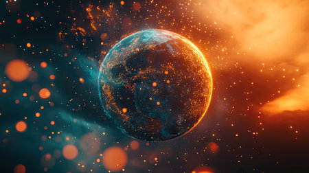 A stunning illustration of planet Earth surrounded by a vibrant cosmic atmosphere, featuring bright colors and ethereal light effects that evoke a sense of exploration and wonder.の素材