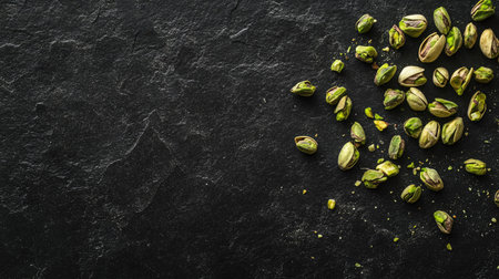 A collection of green pistachio nuts scattered on a dark surface, showcasing their vibrant color and unique textures, perfect for food imagery or healthy snack concepts.の素材