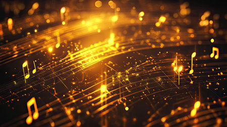 This vibrant abstract image features glowing musical notes intertwined with light and sparkles. It evokes a sense of melody and rhythm, perfect for projects themed around music and celebration.の素材