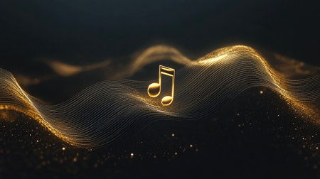 A stunning golden musical note floats above shimmering waves, creating a captivating blend of sound and visual art. Perfect for projects related to music and creativity.の素材