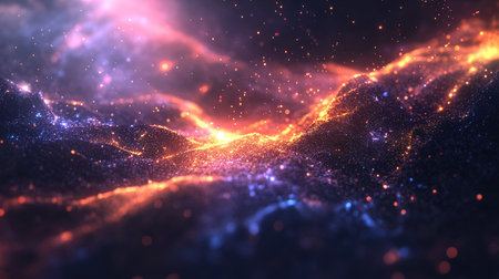 Discover a stunning cosmic landscape featuring vibrant waves of colors and shimmering lights, capturing the beauty and depth of the universe.の素材