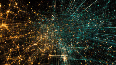 Vivid abstract visualization of a digital network with glowing particles, representing connectivity and data flow in a futuristic space. Perfect for technology concepts.の素材