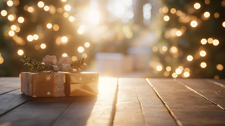 A soft-focus Christmas background with glowing lights, wrapped presents, and blank space, ideal for mockups or seasonal promotionsの素材