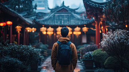 A solo traveler exploring a quiet temple garden during Chinese New Year, surrounded by subtle decorations and the soft glow of lanterns in the evening.の素材