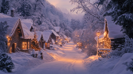 Quiet, snowy village street at dusk with warm light illuminating the windows, casting a soft glow that creates a peaceful and cozy winter evening moodの素材