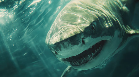 A close-up of a bull shark's powerful, muscular body as it moves stealthily through the water.の素材