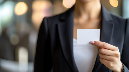 Businesswoman holding a business card, ready to network. -の素材