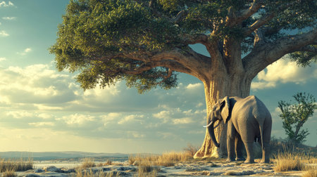 A peaceful elephant standing under a massive baobab tree, enjoying the shade on a hot afternoon.の素材