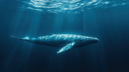 A serene underwater image of a blue whale drifting peacefully through the ocean currents.の素材