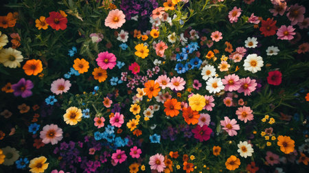 An overhead shot of wildflowers in a meadow with a mix of vibrant colors.の素材