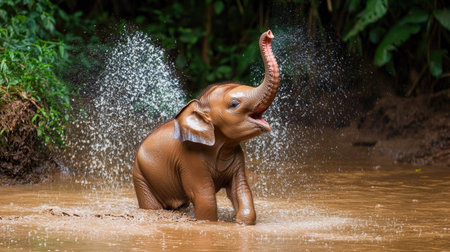 A young elephant playfully spraying water with its trunk while standing in a muddy river.の素材