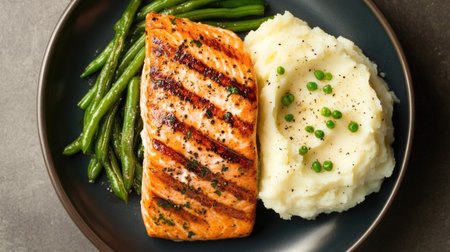 Top view of a grilled salmon steak with a side of mashed potatoes and green beans. -の素材