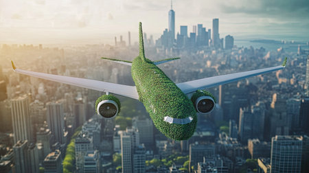 Sustainable aviation fuel concept. Net zero emissions flight. Sustainability transportation. Eco-friendly aviation fuel. Air travel. Future of flight with green innovation. Airplane use biofuel energyの素材