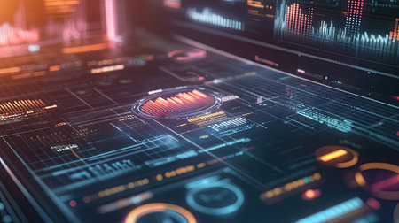 Rotating 3D graph highlighting various aspects of a business strategy, with dynamic elements.の素材