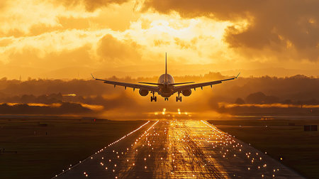 Passenger plane take off from the runway before the light from the sunshineの素材