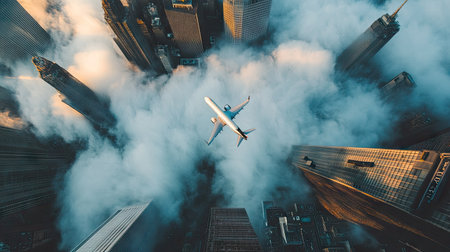Plane flying rapidly over the buildings among the cloudsの素材
