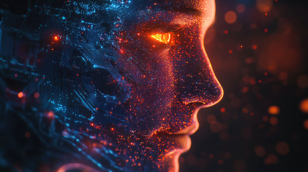 Human face with glowing AI circuitry in a 3D digital transformation illustration. Futuristic concept of artificial intelligence merging with humanity.の素材
