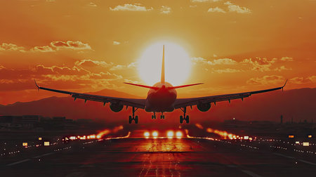 jet plane flying take off from runway on sunsetの素材