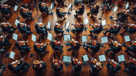 Top view of a classical music concert with a full orchestra and elegant setting. -の素材