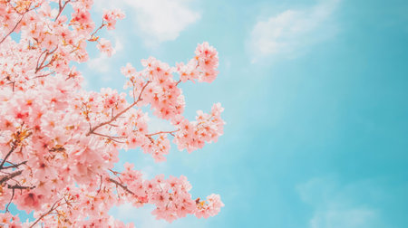 Top view of a blooming cherry blossom tree with pink flowers against a blue sky.の素材