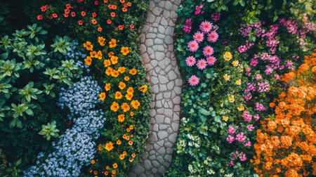 Top view of a garden path lined with colorful flowers in full bloom.の素材