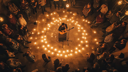 Top view of an acoustic concert with a singer-songwriter performing on a small stage. -の素材