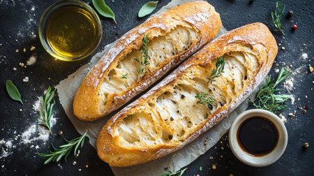 Top view of ciabatta bread with olive oil and balsamic vinegar for dipping. -の素材