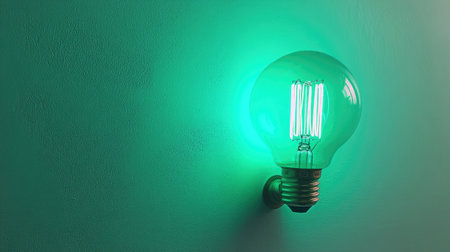 A vibrant green light bulb mounted on a wall, creating a warm and inviting atmosphere. Perfect for modern home decor and stylish interiors.の素材