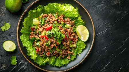 Top view of a serving of Larb (spicy minced meat salad) with fresh lettuce. -の素材