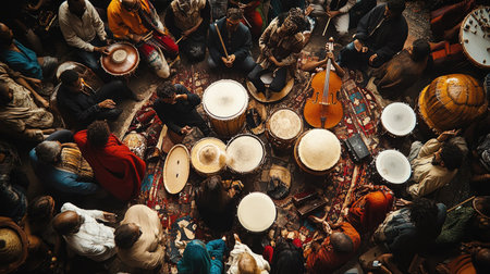 Top view of a world music concert with diverse instruments and an engaged crowd.の素材