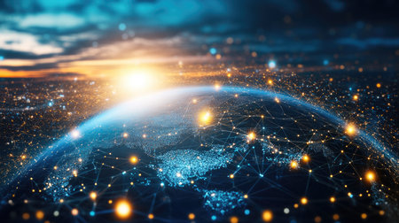 A stunning view of Earth at sunrise, showcasing a network of light connections, symbolizing global connectivity and digital communication across the planet.の素材