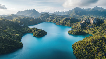 Captivating aerial view showcasing a serene lake nestled among lush green mountains, highlighting the natural beauty and tranquility of the environment.の素材