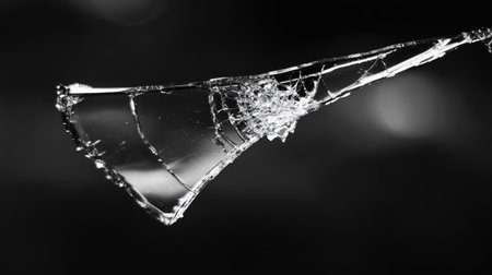 Close-up of a shattered glass fragment with sharp edges, set against a black background, highlighting its intricate patterns and elegant fragility.の素材
