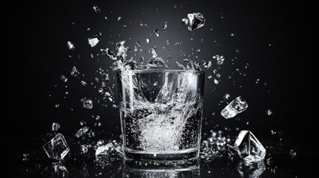A stunning visual of water splashing in a glass with ice cubes, capturing the essence of refreshment and motion, perfect for beverage-related themes.の素材