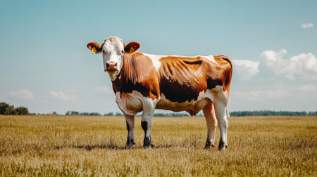 A solitary cow stands majestically in a sunlit field, surrounded by lush green grass and a clear blue sky. Ideal for agriculture and nature themes.の素材